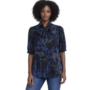 Love‎ Moschino Woman's Size 8 Blue Camouflage Button Up Shirt with Tie Collar